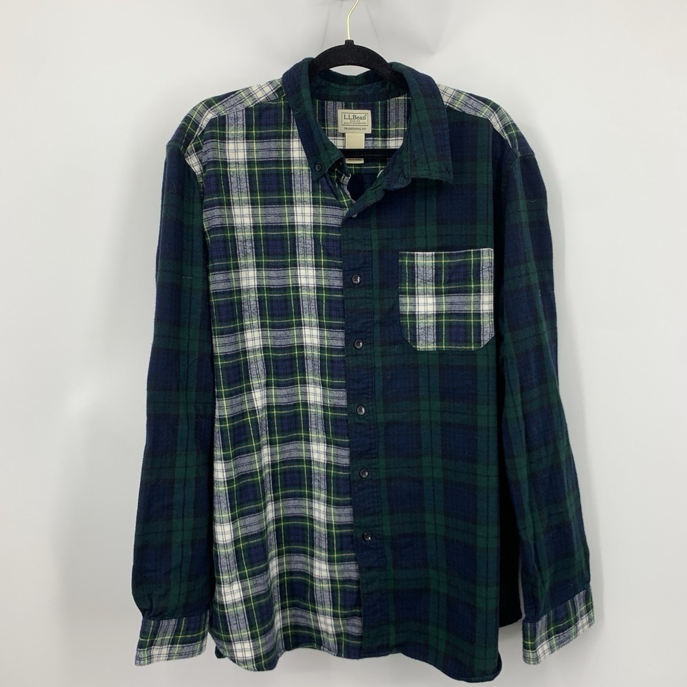 LL Bean Men Size XL Shirt Green Blue Patchwork Tartan Plaid Flannel Button Top